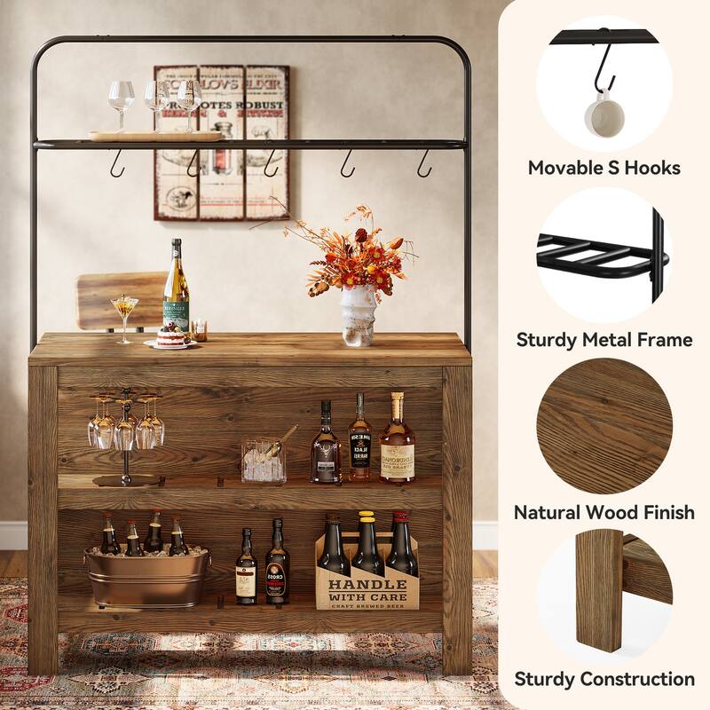 47 Inch Solid Wood Bar Table Home Bar Unit with Storage and 5 Hooks - 23.62" D x 47.24" W x 70.08" H