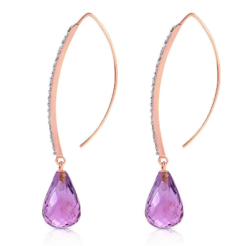 14K Solid Gold Diamonds Hook Earrings w/ Dangling Briolette Amethysts