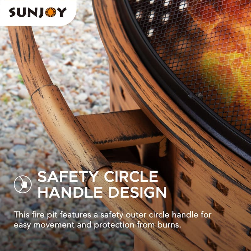 Sunjoy 30 in. Outdoor Wood-Burning Fire Pit, Patio Woven Round Steel Firepit Outside with Spark Screen and Poker - N/A