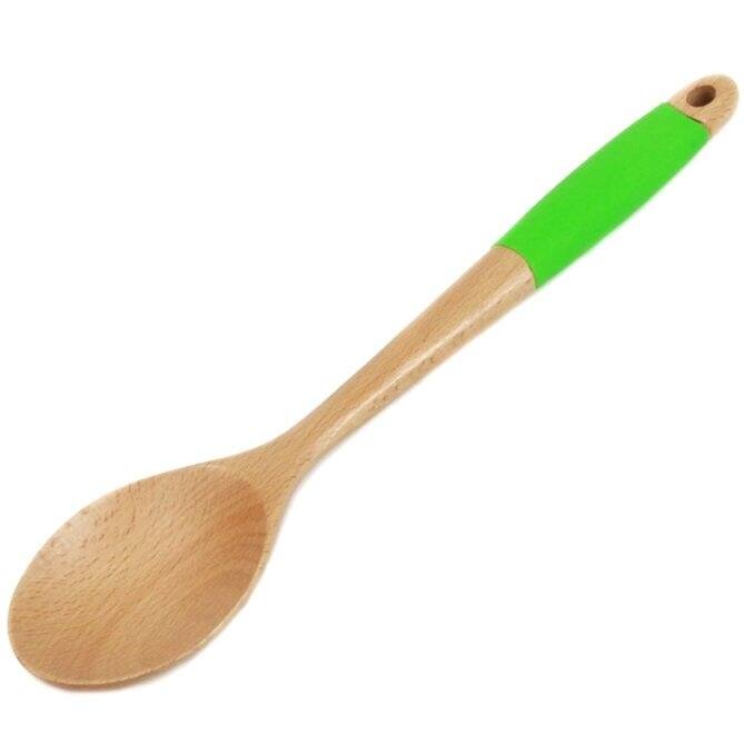 Chef Craft 14" Long Beechwood Wooden Kitchen Mixing Spoon with Silicone Handle - Green - 1 Pack