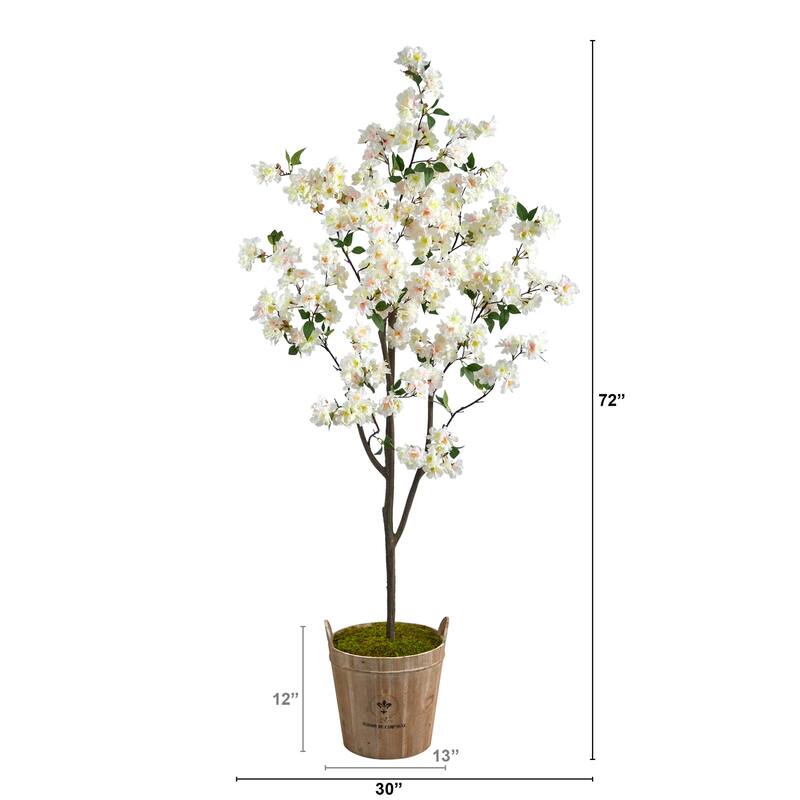6ft Cherry Blossom Artificial Tree in Farmhouse Planter with Lifelike White Blossoms and Green Leaves for Home Decor