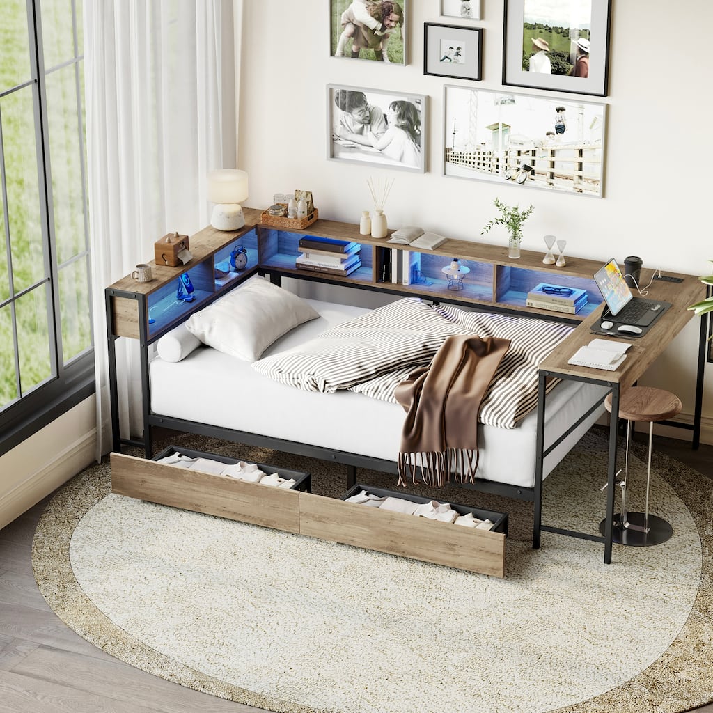 Full Size Corner Bed Frame with Bookcase, Storage Drawers, LED Lights, and Charging Station