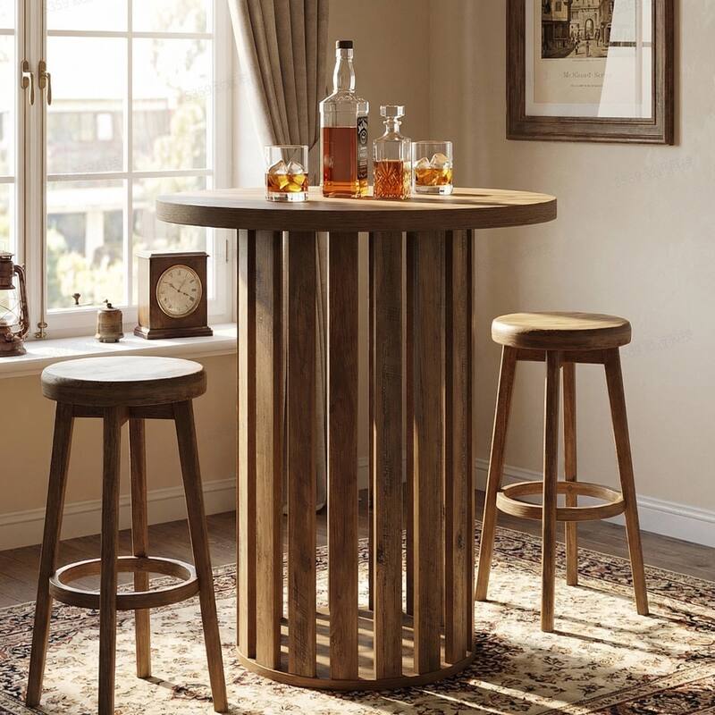Round Bar Table, Bistro Pub Table, Home Bar Unit, 37.4"H Wood Counter Heigh Dining Table - 31.5" D x 31.5" W x 37.4" H - Rustic Brown