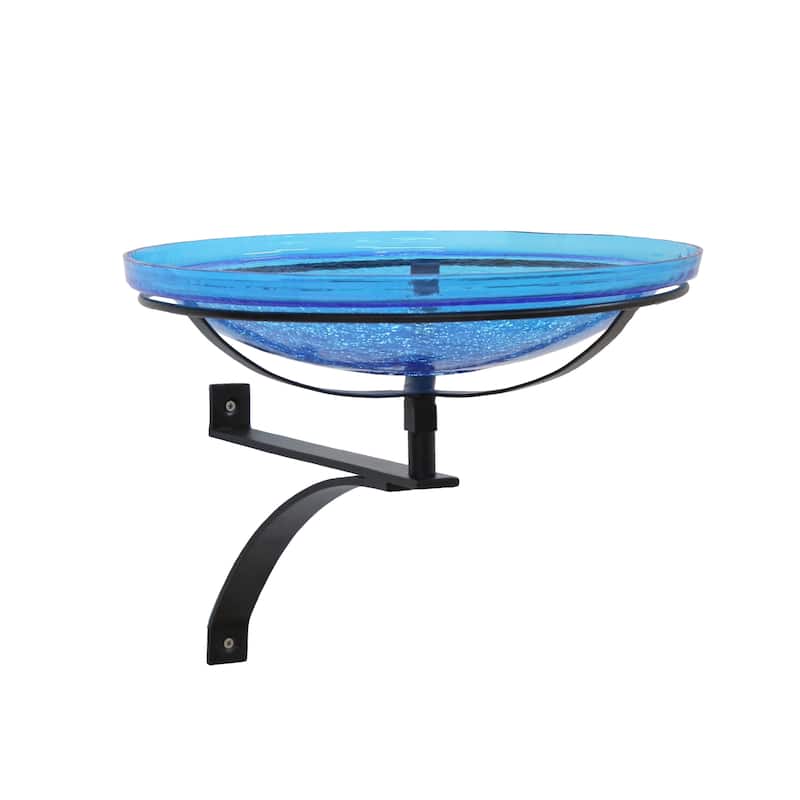Achla Designs 14"Dia. Round Crackle Glass Birdbath w/Black Wrought Iron Wall Mount Bracket - Black