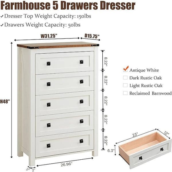 dimension image slide 5 of 6, 48" Tall Farmhouse 5 Drawer Wood Dresser, Chest of Drawers for Bedroom
