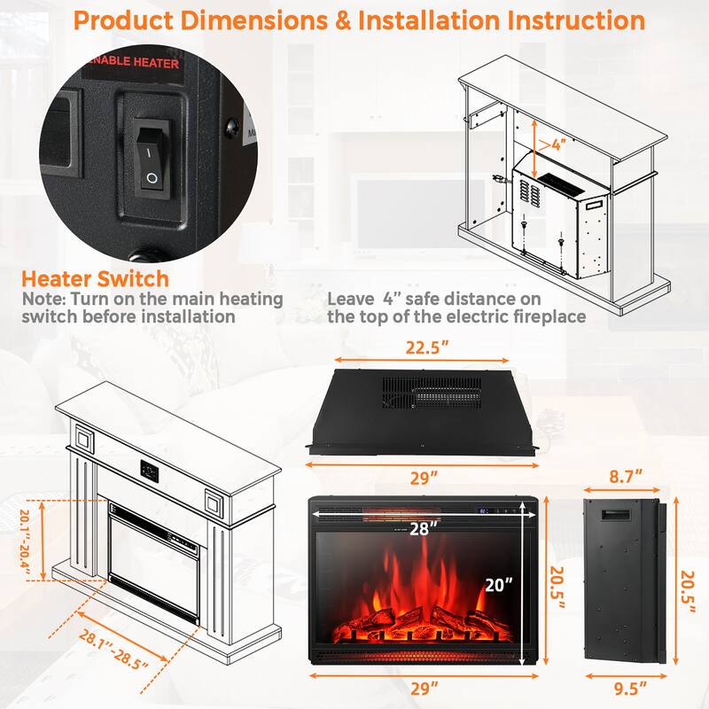 Costway 28'' Electric Fireplace Freestanding & Recessed Heater Log - See details