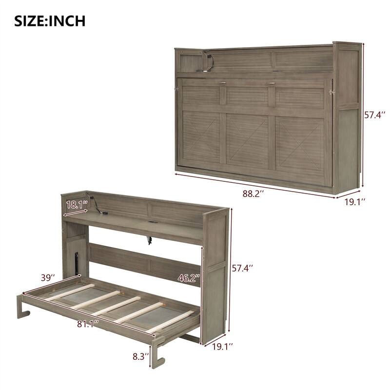 Twin XL Size Murphy Bed with Desk and LED Light, Wooden Murphy Wall Bed with USB Charging Station, Foldable Murphy Bed Cabinet