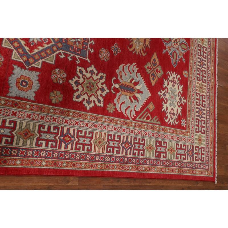 Oriental Red Geometric Kazak Area Rug Hand-Knotted Wool Carpet - 6'5" x 9'8"