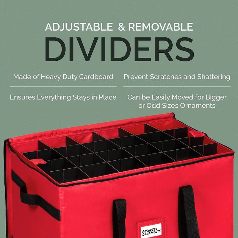 Christmas Ornament Storage Container - Heavy Duty 600D Tear Resistant Material, Zippered, Adjustable Dividers