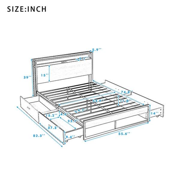 White Full Size Metal Platform Bed Frame with 4 Drawers, Sockets and