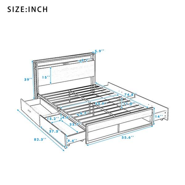 White Full Size Metal Platform Bed Frame with 4 Drawers, Sockets and ...