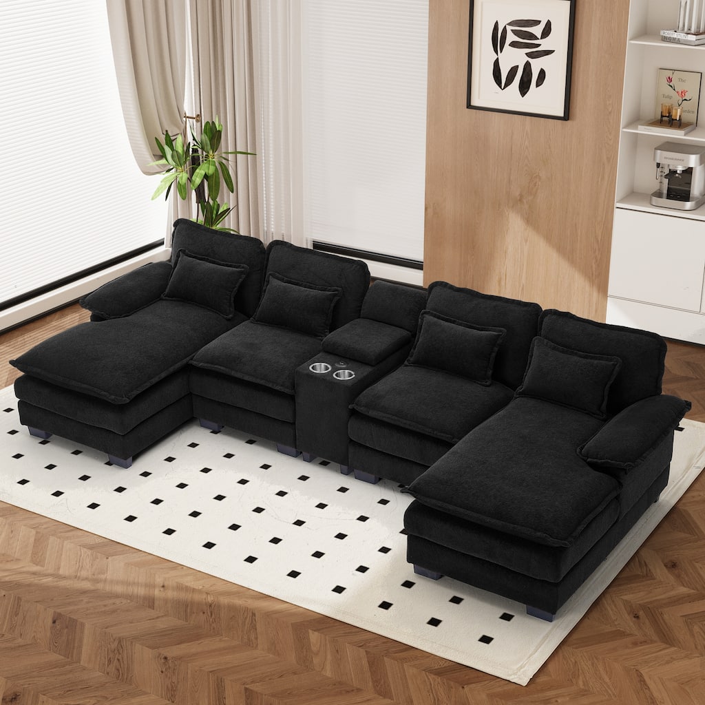 U-shaped Sectional Sofa Chenille Fabric Doudle Layer Cushion with USB Central Console