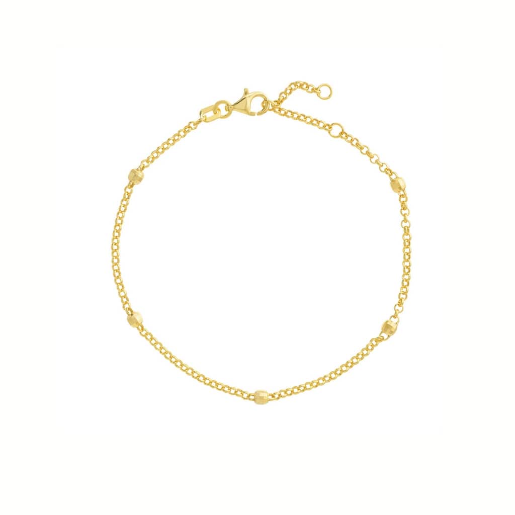 Curata 14k Yellow Gold 7.25" 3mm Sparkle Cut Bead Station Adjustable Bracelet