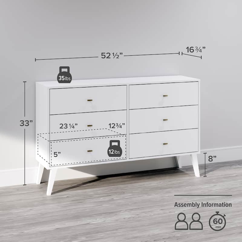 Prepac Milo Mid-Century Modern 6 Drawer Double Dresser for Bedroom, Chest of Drawers, Contemporary Bedroom Furniture
