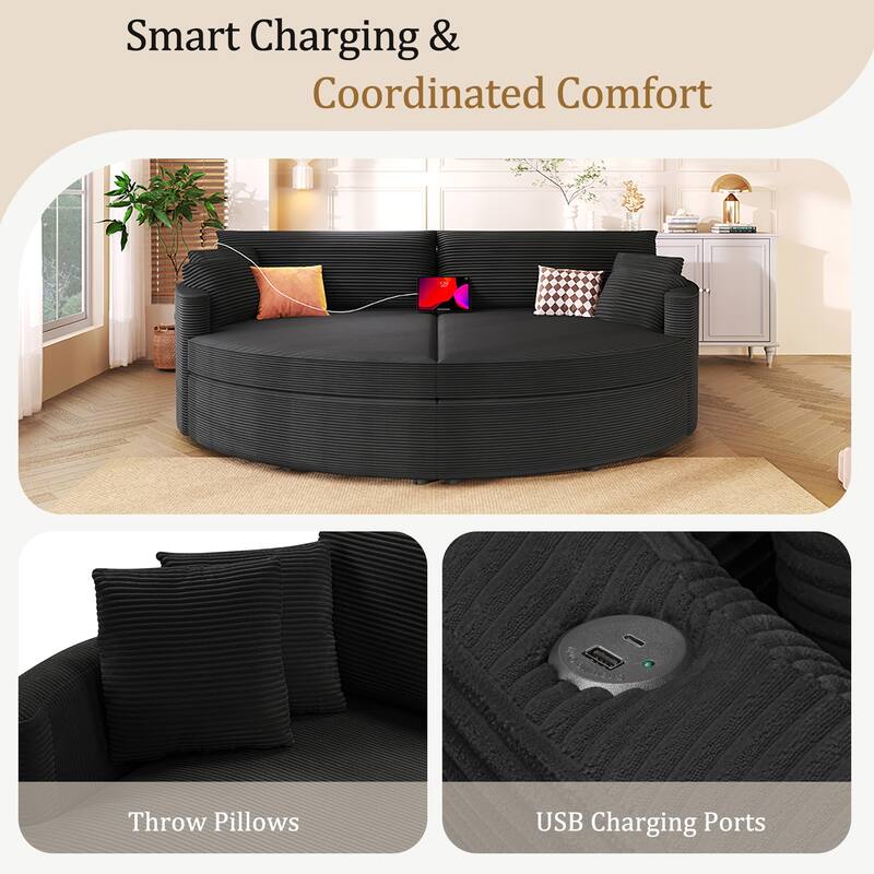 102.3" Oversized Double Chaise Lounge Sofa, Corduroy Upholstered Sleeper Sofa Bed 2 Seat Sofa Loveseat with USB Ports