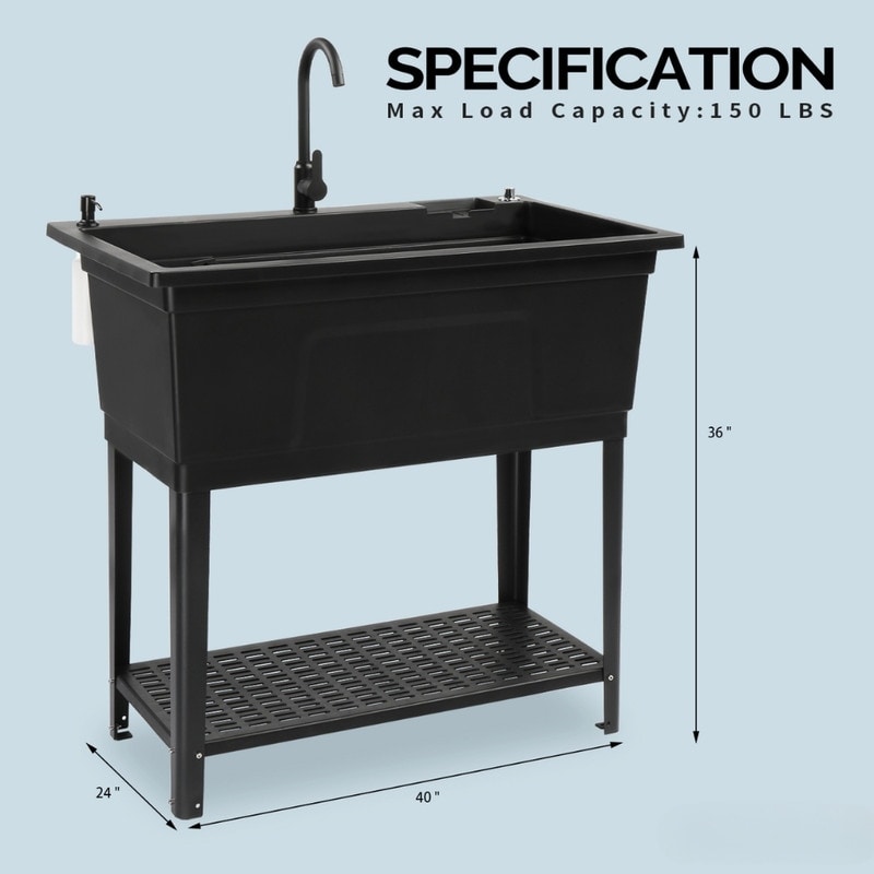Utility Sink Laundry Tub With Faucet | Freestanding Gray | PP/Stainless | Garage/Shop/Basement
