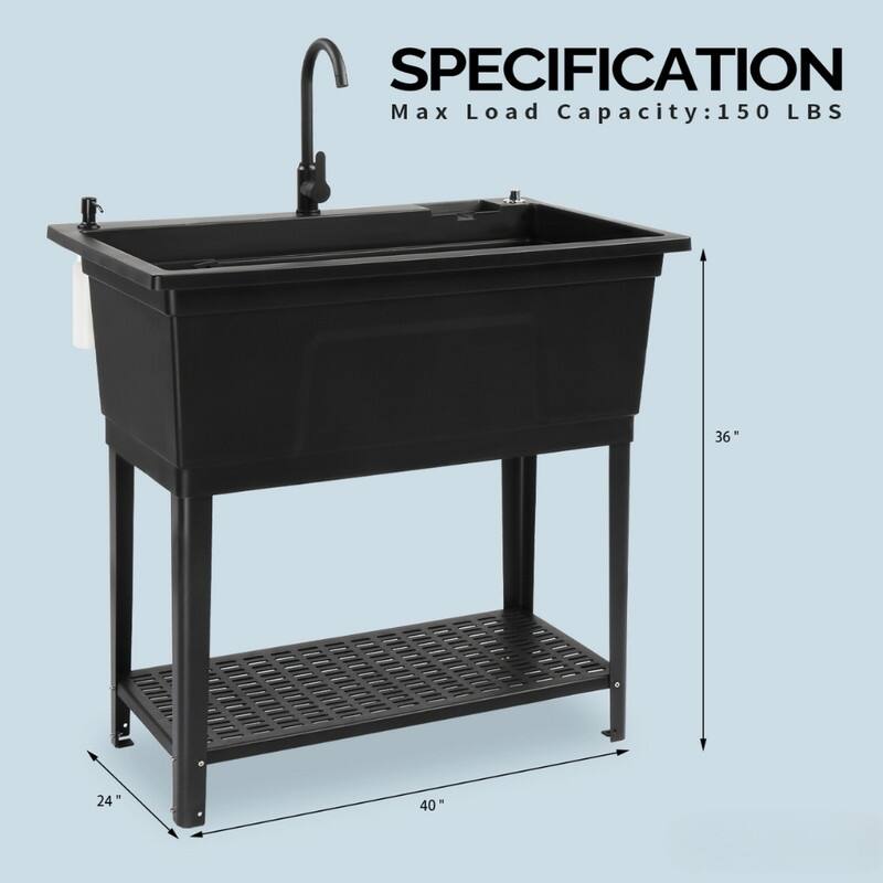 Utility Sink Laundry Tub With Faucet | Freestanding Gray | PP/Stainless | Garage/Shop/Basement