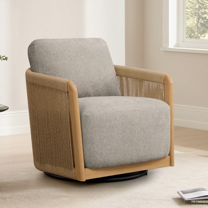 Spruce & Spring Boho Braid Swivel Accent Chair with Woven Paper Rope Armrests&Wood-Look Metal Frame - Single - Mink