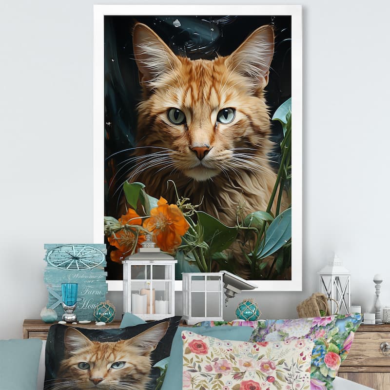 Designart "Havana Brown Mystique Cat" Animals Cat Framed Canvas Art Print - 30 in. wide x 40 in. high - White