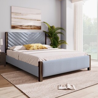 Queen Size Upholstered Platform Bed Frame with Solid Wood Legs,Blue