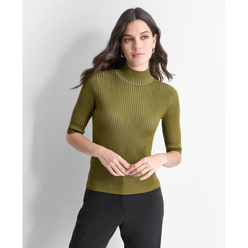 DKNY Mock Neck Ribbed Knit Top