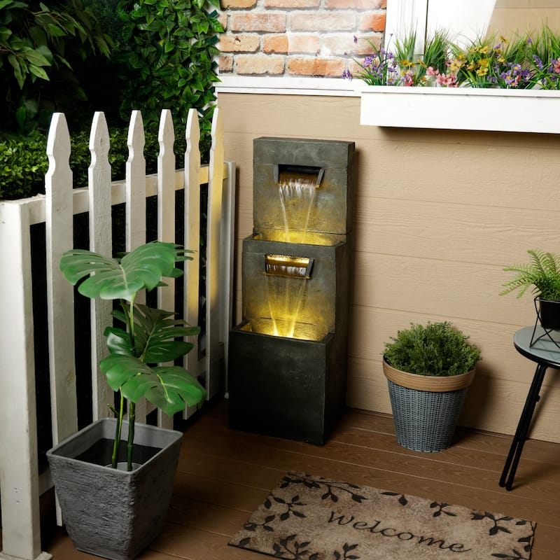 2-Tier Polyresin Modern Stone Wall Fountain w/ Warm White LED