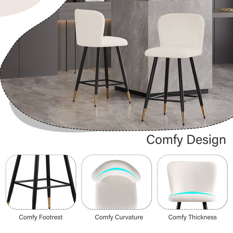 25.79'' modern style barstool, with white seats, black metal legs, and gold - tipped ends, Set of 2