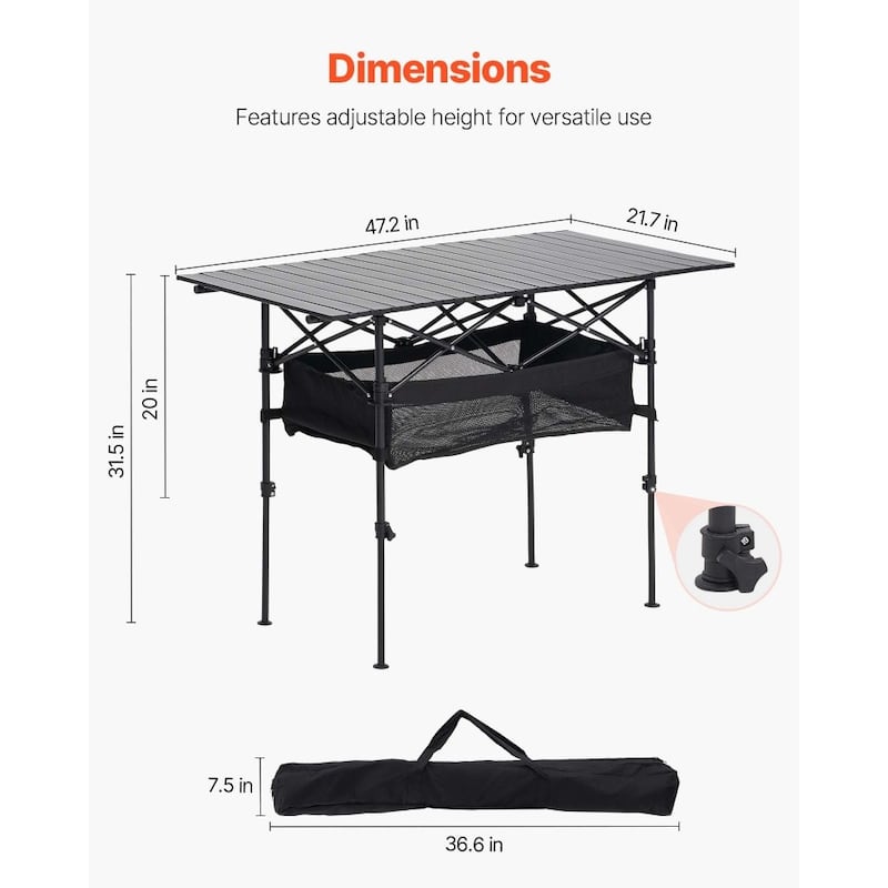 47.2” Black Aluminum Alloy Foldable Adjustable Height Outdoor Camping Table for Picnic 4-6 People