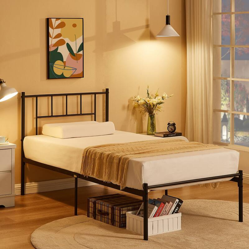 VECELO Victorian Style 14 Inch Metal Platform Bed Frame with Headboard, Heavy Duty Steel Slat Support, No Box Spring Needed