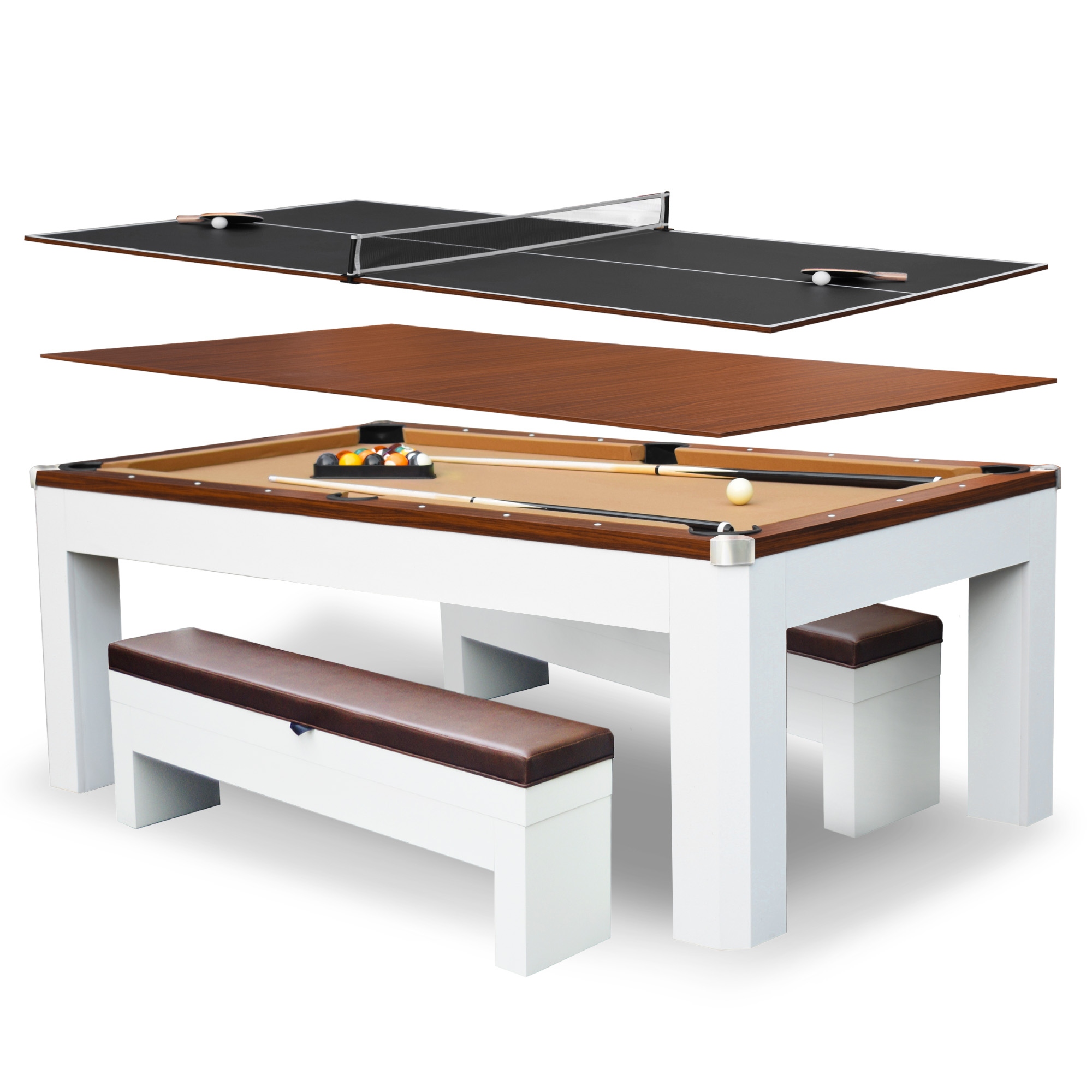Newport II 7-ft Pool Table Combo Set with Benches - White with Camel Felt