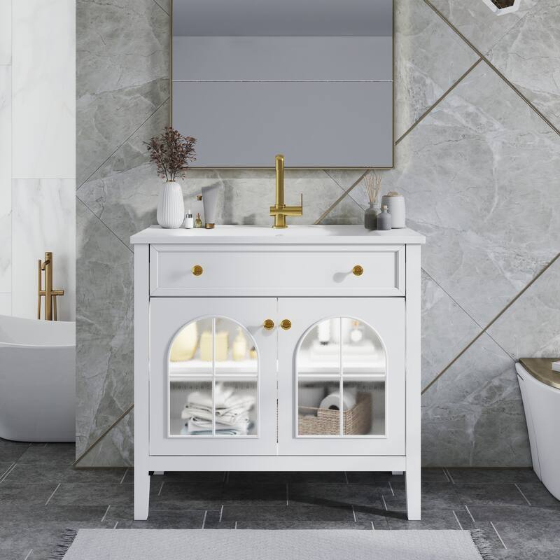 Modern Single Sink Bathroom Vanity Cabinet with Motion-sensor Light Strip & Patterned Glass, Ceramic Integrated Basin