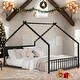 preview thumbnail 1 of 7, Black House Bed with Slats, KIds Bed with Roof and Colorful Lights,Full-Size Black