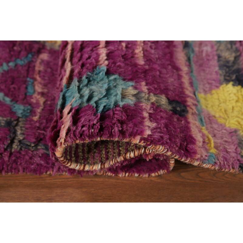 Purple Geometric Plush Moroccan Area Rug Handmade Wool Carpet - 6'1" x 9'9"