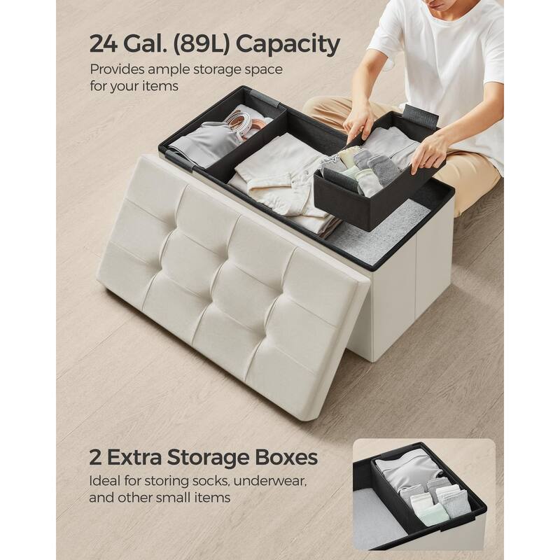 Storage Ottoman, Foldable Velvet Storage Bench, 2 Extra Storage Boxes, 15 x 30 x 15 Inches, 660 lb Load Capacity, for Entryway