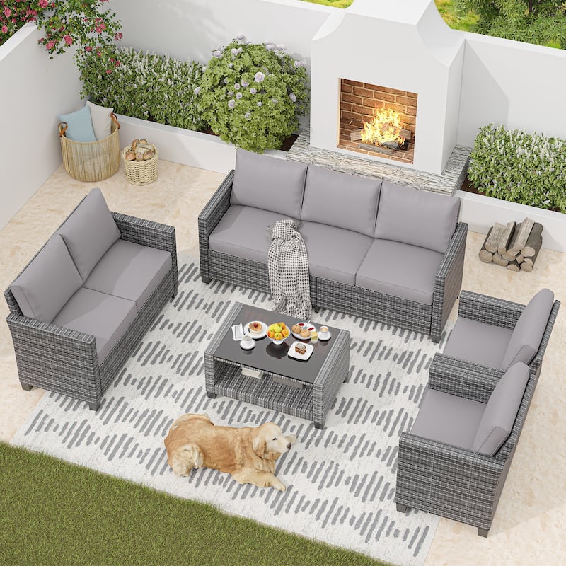 5 Piece Rattan Patio Furniture Set By 7 Seat Outdoor Furniture Sectional Sofa With Storage Table - Grey