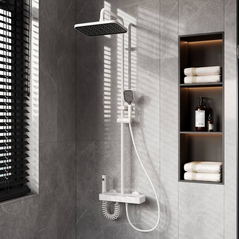 White Thermostatic Shower System with Digital Display, 4 Function Rainfall Shower Head CEC Certified Aluminum Shower Faucet Set