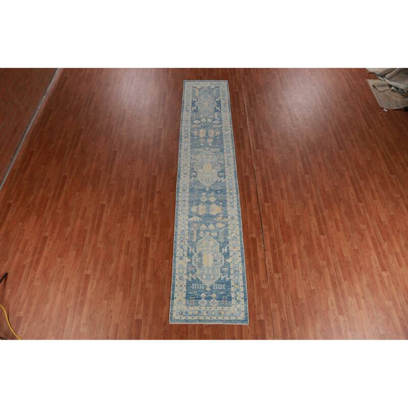 Hand Knotted Oriental 100% Wool Carpet Transitional Geometric Navy Blue & Blues Oushak Runner Rug - 14' 4'' X 2' 10''