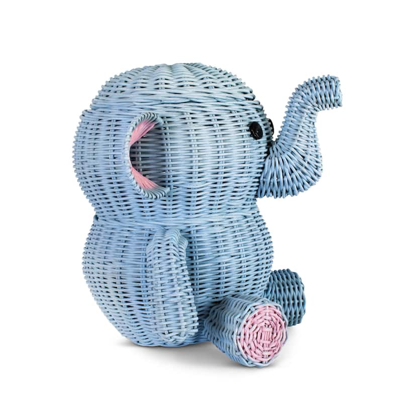 Large Blue Elephant Rattan Storage Basket With Lid Hand Woven Shelf Organizer Handmade Gift Wicker
