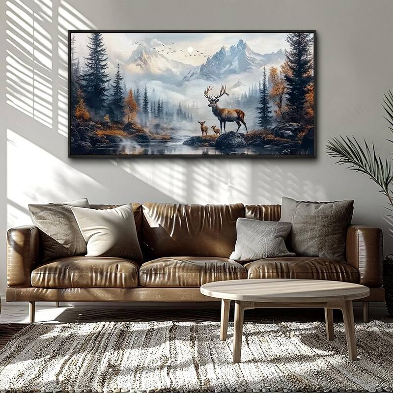 Elk Foggy Mountain Landscape Painting Scenery Stretched and Framed