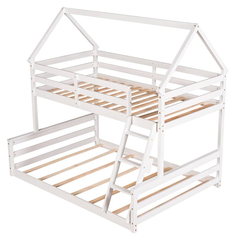 Space-Saving Twin Over Full House Bunk Bed with Guardrail and Ladder, No Box Spring Needed