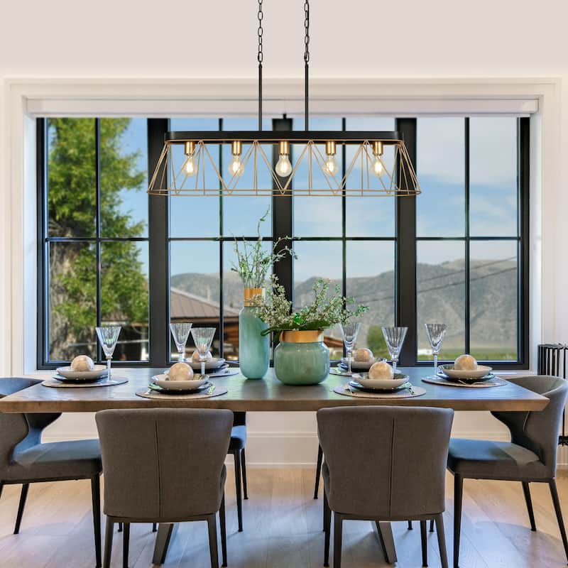 Modern Luxury 5-light Chandelier Black Gold Kitchen Island Light with Geometric Line Design for Dining Room