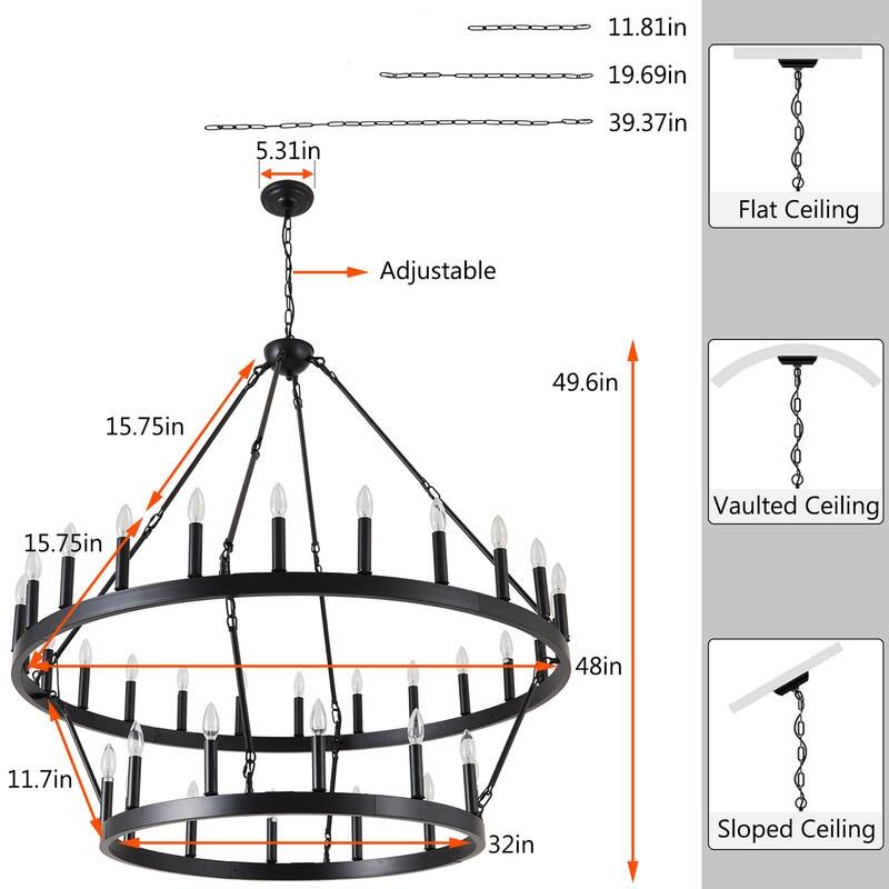 Large Wagon Wheel Chandelier 2 Tier 36 Lights High Ceiling Chandelier - 48x48x88in