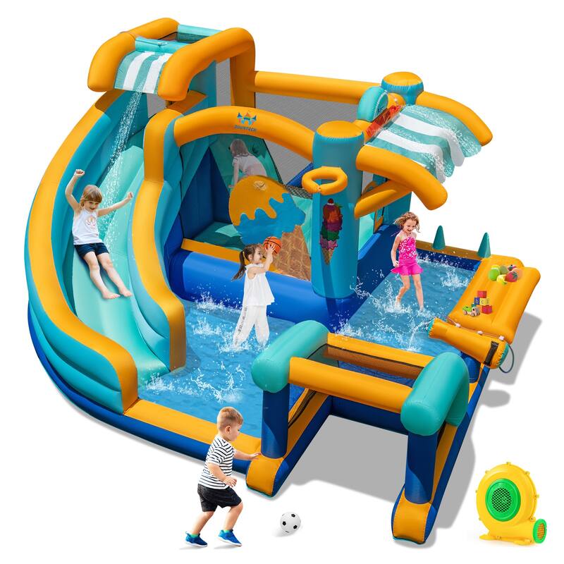 Large Inflatable Bounce House with Ice Cream Shop Water Slide Climbing Wall and Tossing Games for Kids - 149” x 144” x 80”