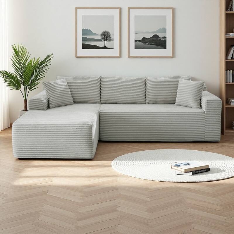 103.2" Corduroy L-Shaped Cloud Sectional Sofa with Deep Seats and No Assembly Required Modular Sleeper - LIGHT GREY