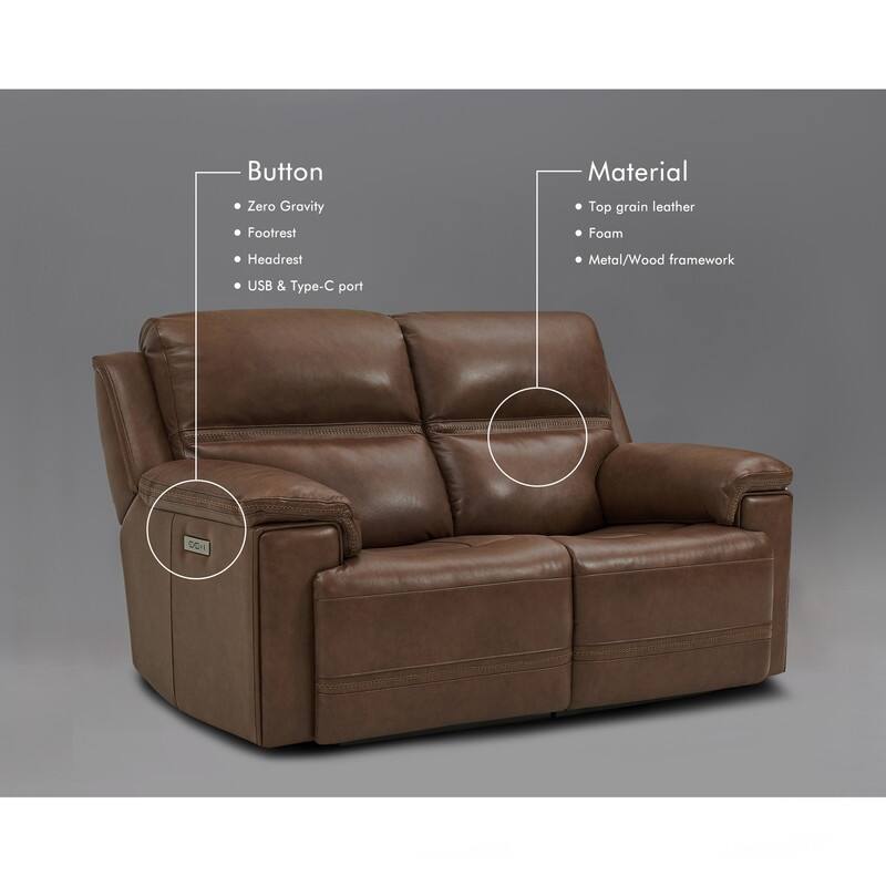 Genuine Leather Dual Power Reclining Loveseat with Zero Gravity, Adjustable Headrest, USB/Type-C & Cross-stitching Detail