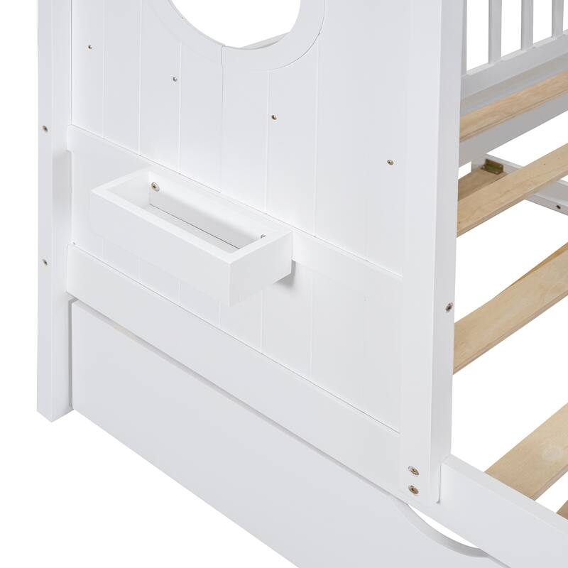 Modern Twin Size House Bed with Trundle and Storage Shelf, White