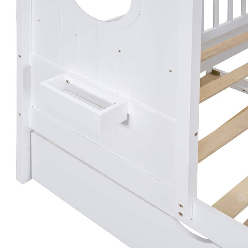Wooden Twin Size House Bed With Trundle, Modern Design For Kids With Storage Shlef
