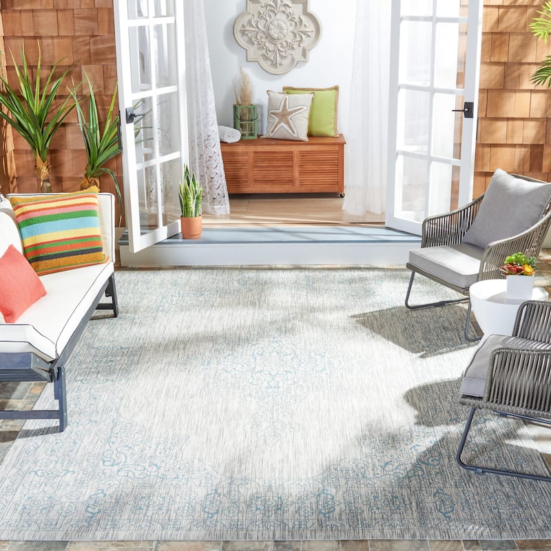 SAFAVIEH Courtyard Maralyn Indoor/ Outdoor Waterproof Patio Backyard Rug - 8' x 11' - Grey/Aqua