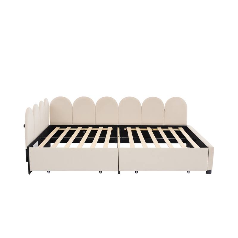 Full Size Velvet Upholstered Daybed with Two Drawers and Soft Headboard