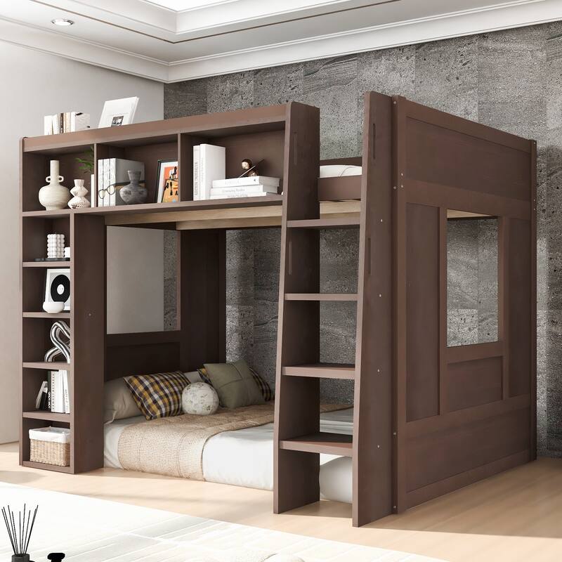 GDFStudio - StoreMax Modern Wooden Queen Loft Bed with Storage Cabinets and Shelves